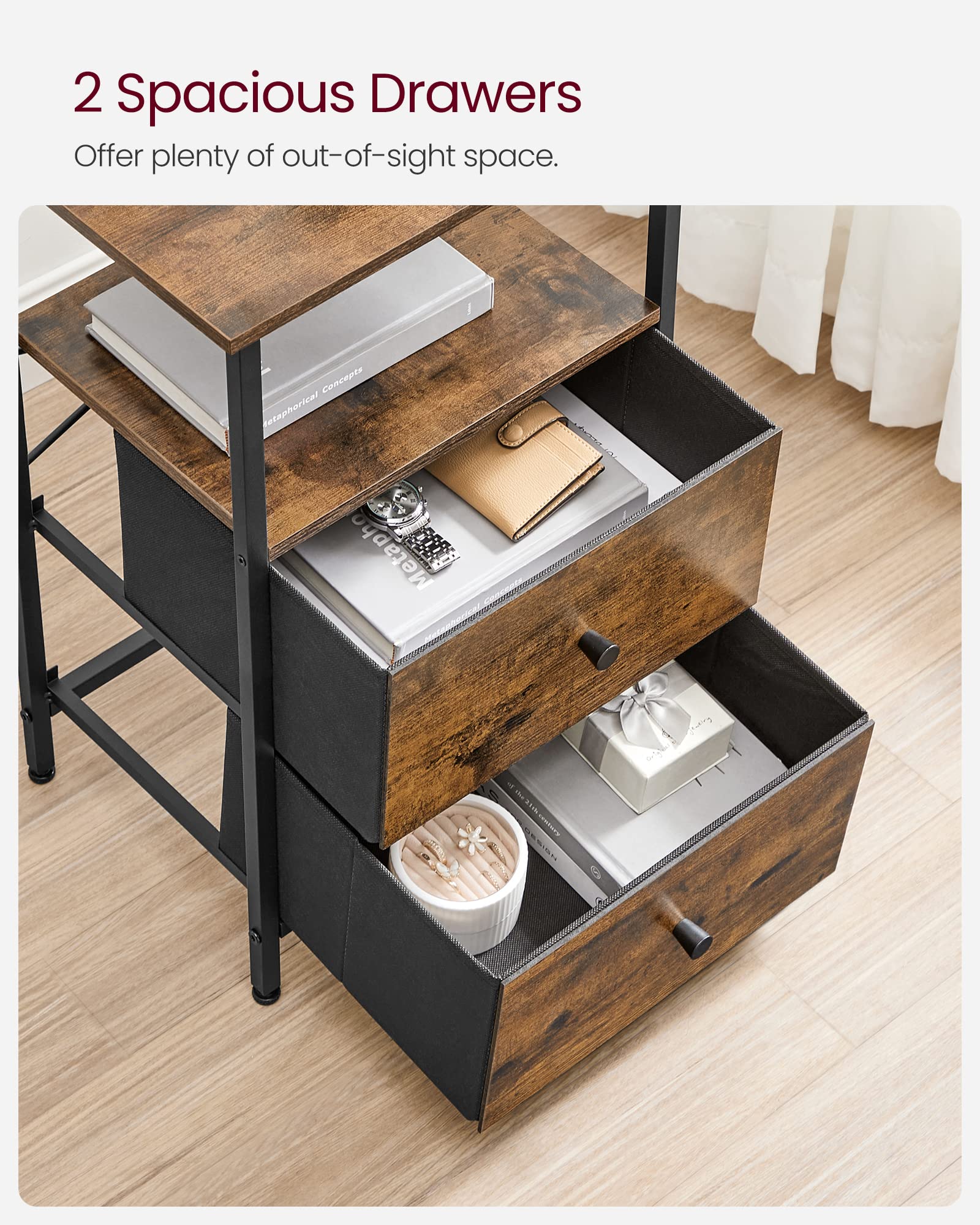 VASAGLE Nightstand, 24-Inch Tall Side Table with 2 Fabric Drawers and Storage Shelf, for Bedroom, Rustic Brown and Black ULGS025B01