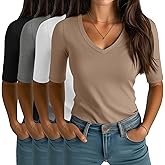 Locoowai 4 Pack Elbow Length Tee Shirts for Women V Neck Half Sleeve T Shirts Slim Fit 1/2 Sleeve Tops Basic Tees