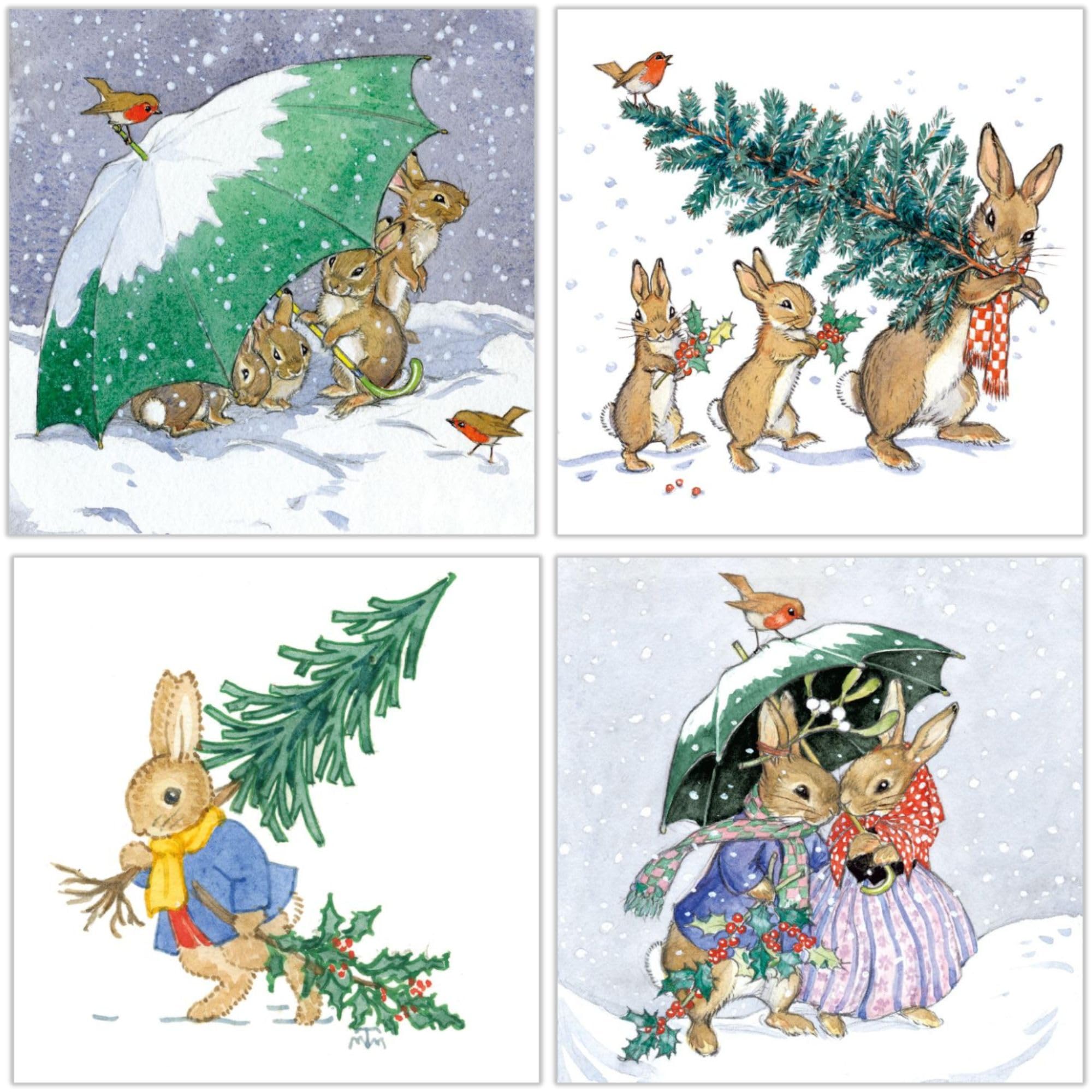 Museums & Galleries Charity Christmas Cards Pack of 20 - Festive Bunny Rabbits in The Snow - Assorted Premium Greeting Cards Multipack with Envelopes - 5 Each of 4 Designs - Supporting UK Charities