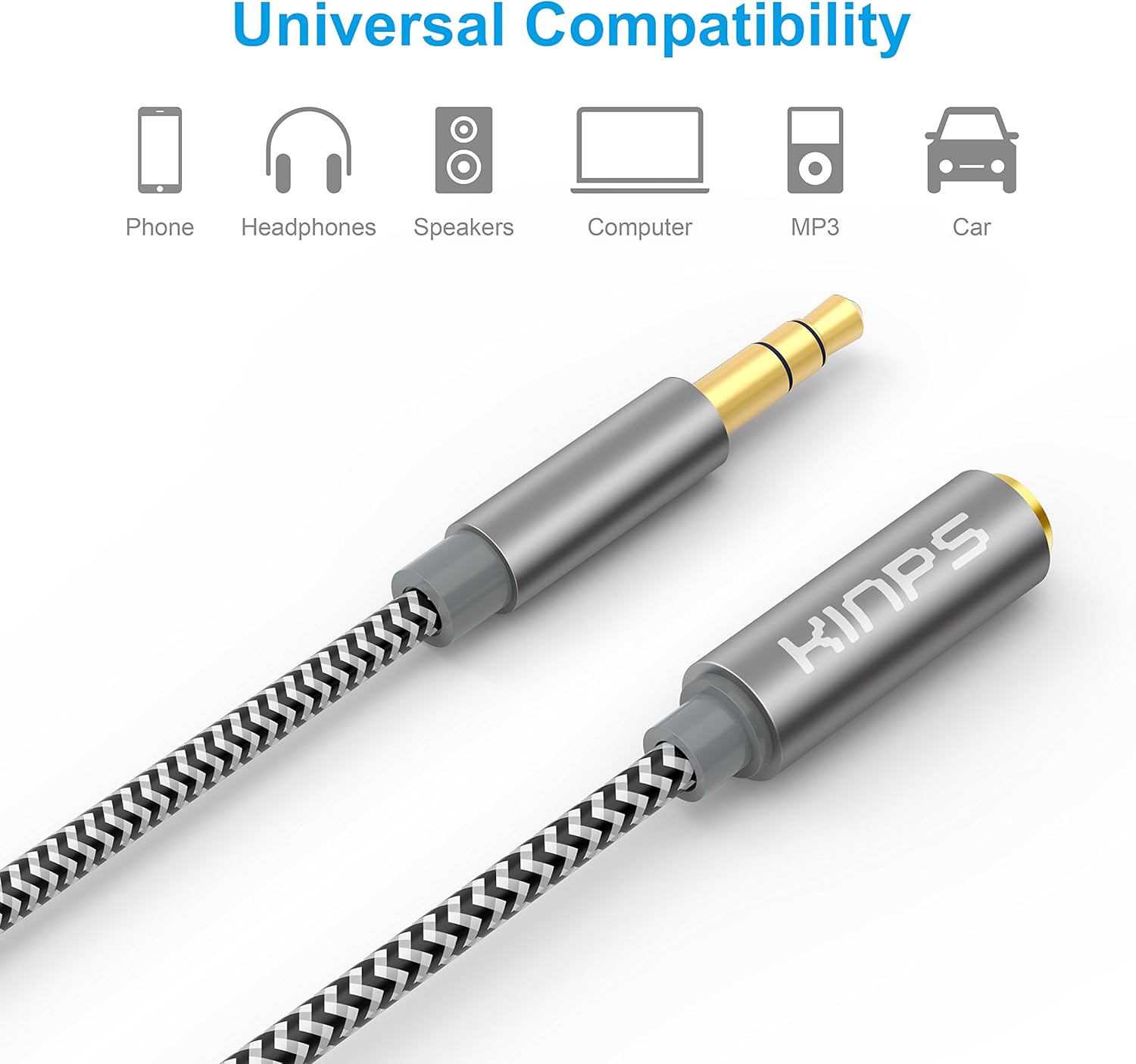 KINPS Audio Auxiliary Stereo Extension Audio Cable 3.5mm Stereo Jack Male to Female, Stereo Jack Cord for Phones, Headphones, Speakers, Tablets, PCs, MP3 Players and More (10ft/3m, Gray-1 Pack): Electronics