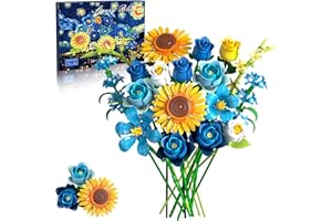 Teefrye Blue Rose Sunflower Building Block Set: Compatible with Lego Flowers Adults Women Gothic Artificial Botanical Collection Van Gogh Starry Night Christmas Valentine's Gifts Home Decor (832 PCS)