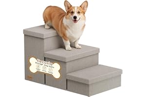 Fecuria 3-Step Wide Dog Stairs with Storage 18" H, Non-Slip Sturdy Pet Steps for High Bed Couch Window, Pet Stairs for Small/Medium/Large Old Dogs Cats Up to 200lbs, Cat Dog Steps for Car/SUV, Grey