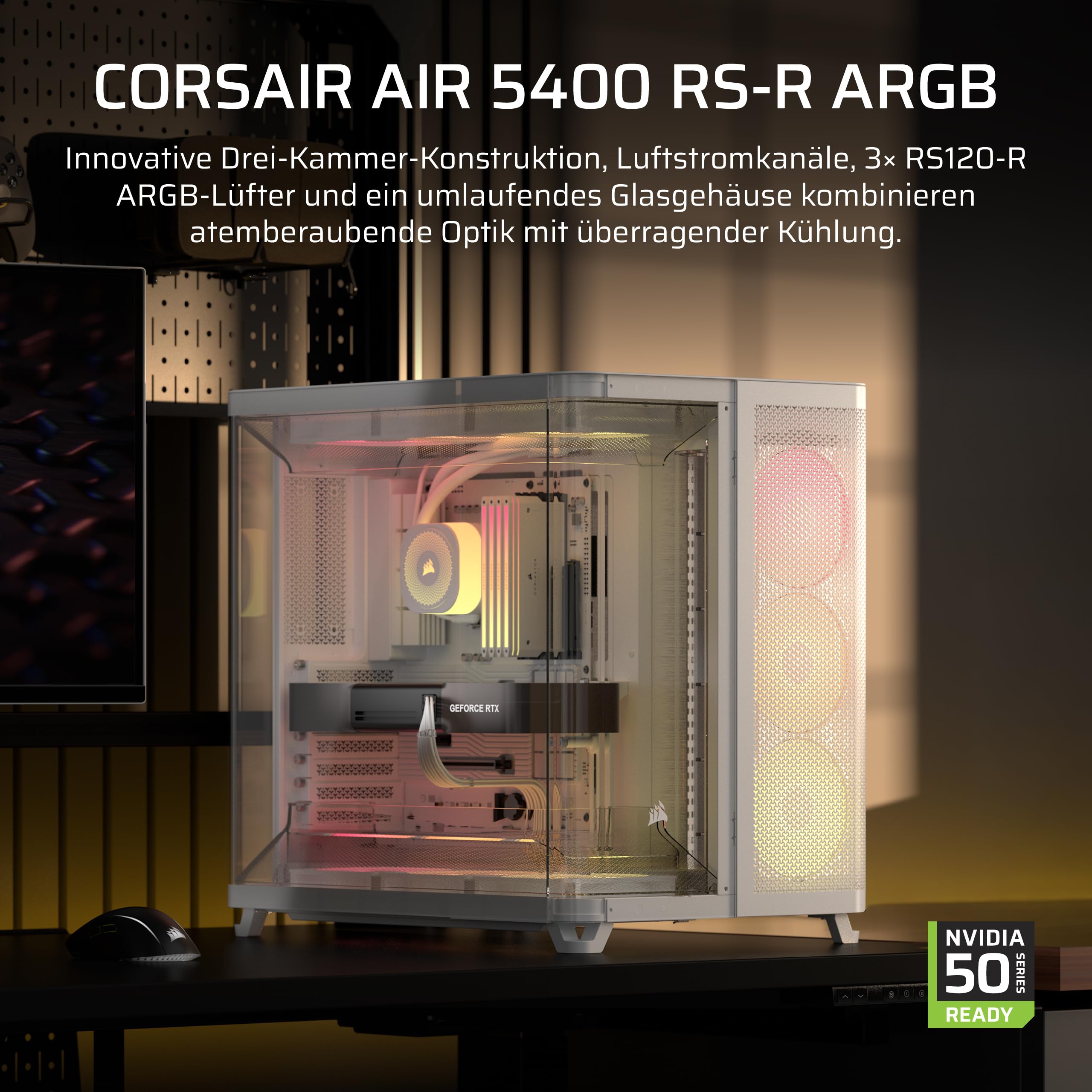 CORSAIR AIR 5400 RS-R ARGB Dreifach-Kammer-Mid-Tower PC-Gehäuse – 3X Vorinstallierte Reverse-Rotor RS120-R ARGB-Lüfter, Luftkanäle für Starke Kühlung, Reverse Motherboard-Unterstützung – Weiß 2