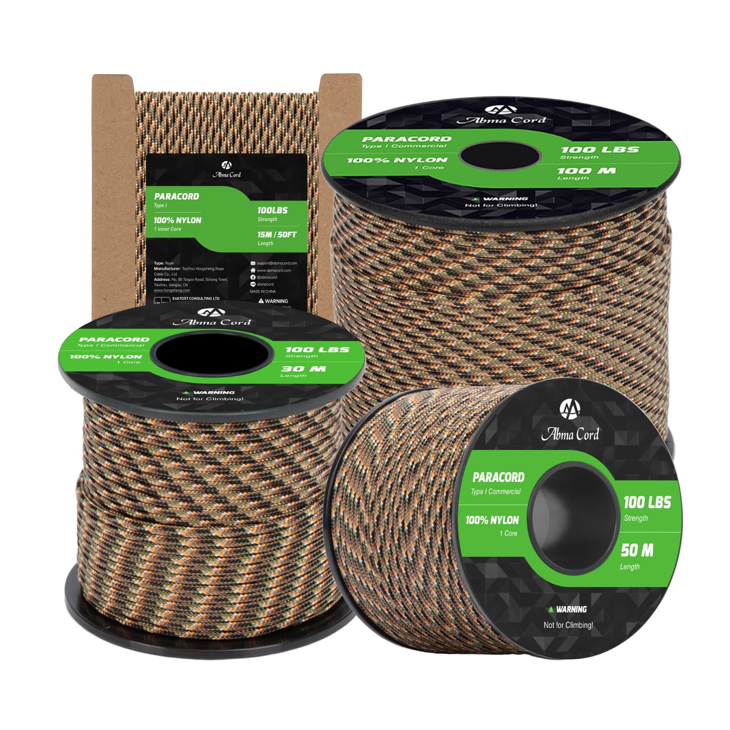 Abma Cord Paracord 2mm 50m 100% Nylon Rope 1 Strand Type I Parachute Cord - Max. 45kg (100lbs) - Hidden Camo