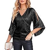 GRACE KARIN Womens Sparkly Sequin Tops,3/4 Sleeve Glitter Party Dressy Blouse,V-Neck Disco Evening Club Concert Shirt