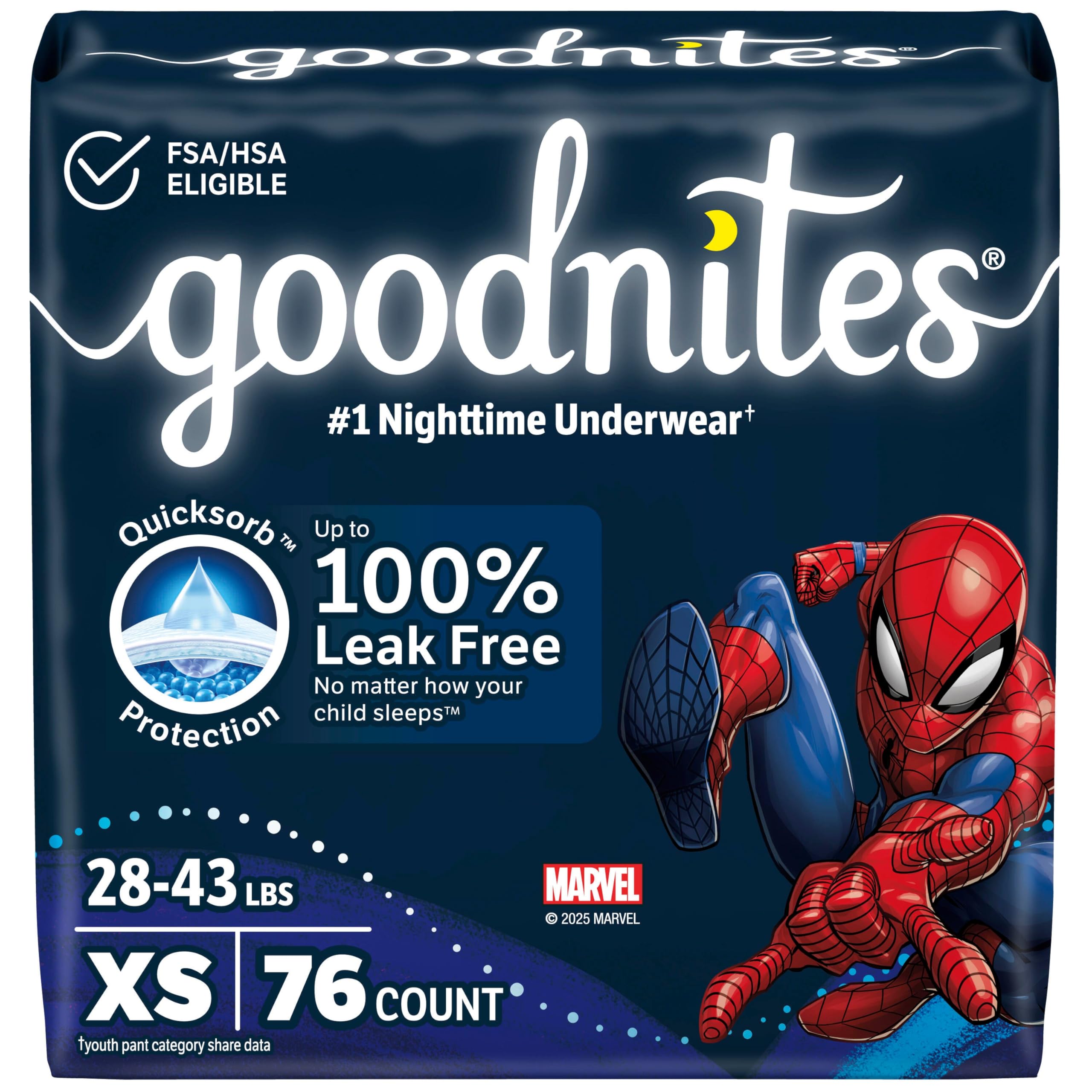 Goodnites Boys' Nighttime Bedwetting Underwear, Size Extra Small (28-43 lbs), 76 Ct (2 Packs of 38), Packaging May Vary Image Goodnites Boys' Nighttime Bedwetting Underwear, Size Extra Small (28-43 lbs), 76 Ct (2 Packs of 38), Packaging May Vary Image