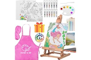 Falling in Art Tabletop Easel Set, Portable Wooden Art Easel Painting Kits for Kids, Easel for Painting Canvases, Including 12 Colors Acrylic Paints, 10 Paintbrushes and 4 Canvas Panels, Pink