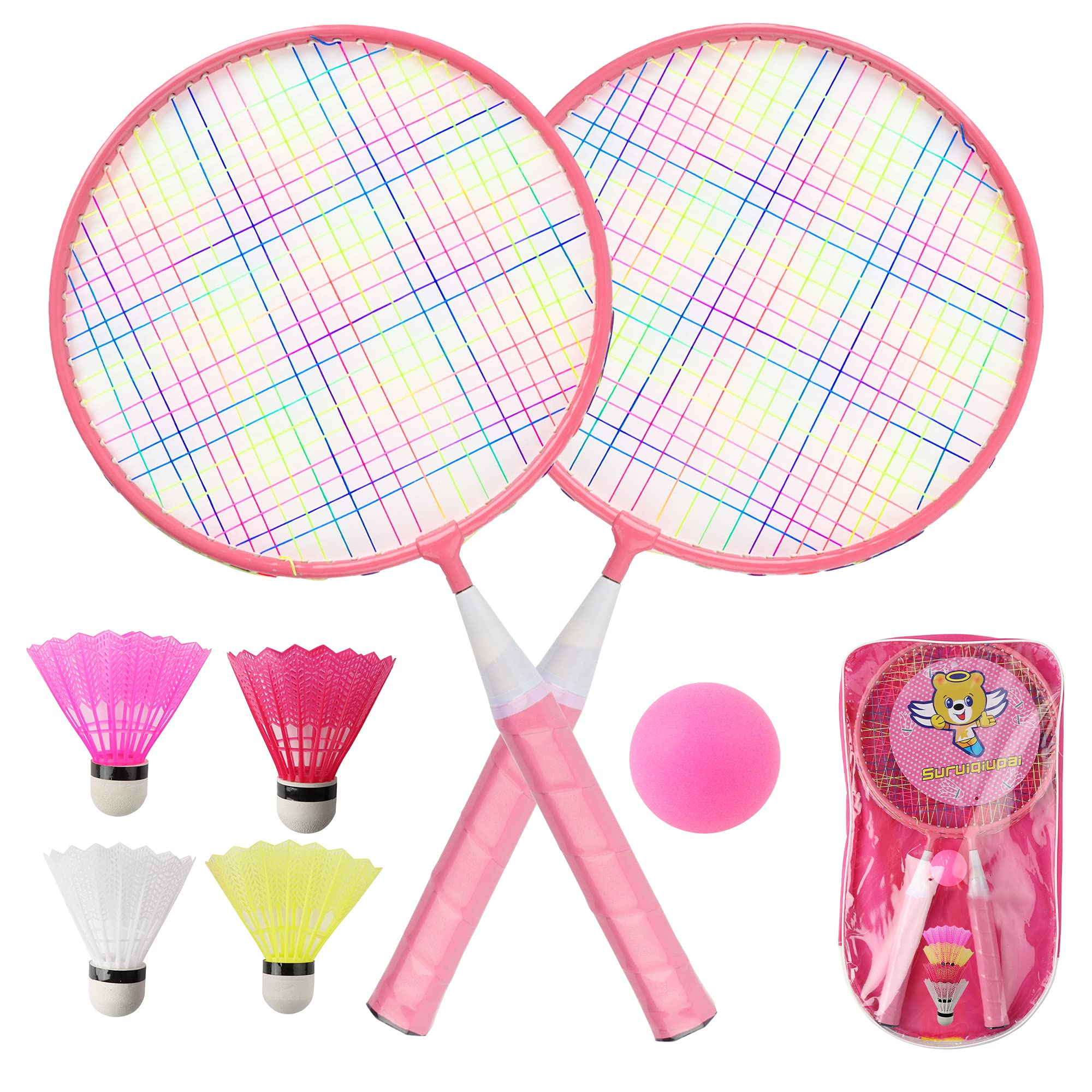 QKTYB Kids Badminton Set, 1 Pair Children Badminton Rackets Set of 2, Nylon Alloy Lightweight for Kids Beginner Players Indoor Outdoor Sports Game with Carry Bag (Pink)
