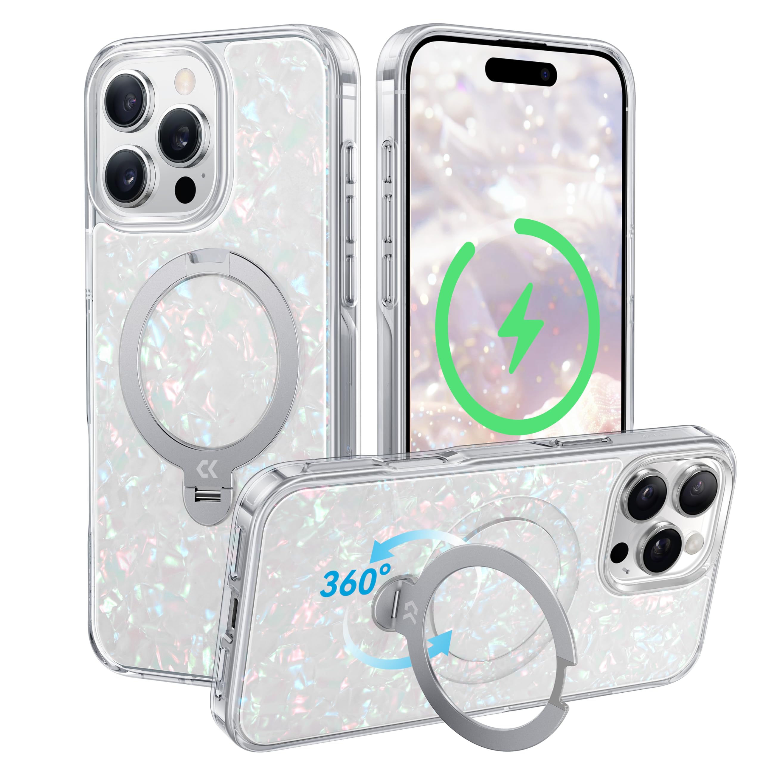 Photo 1 of CASEKOO Genuine Pearl Shell for iPhone 16 Pro Case with 360° Spin Magnetic Stand, Compatible with Magsafe, 16FT Drop Protection, Translucent Slim Phone Cover, Gorgeous & Stylish(2024), White