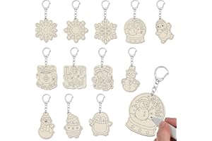 RattanView 24 Pcs Snow Craft Color Your Own Keychains DIY Craft Wooden Blank Keychains for Sunday School Classroom Home Active Party Favors Gifts, 12 Styles