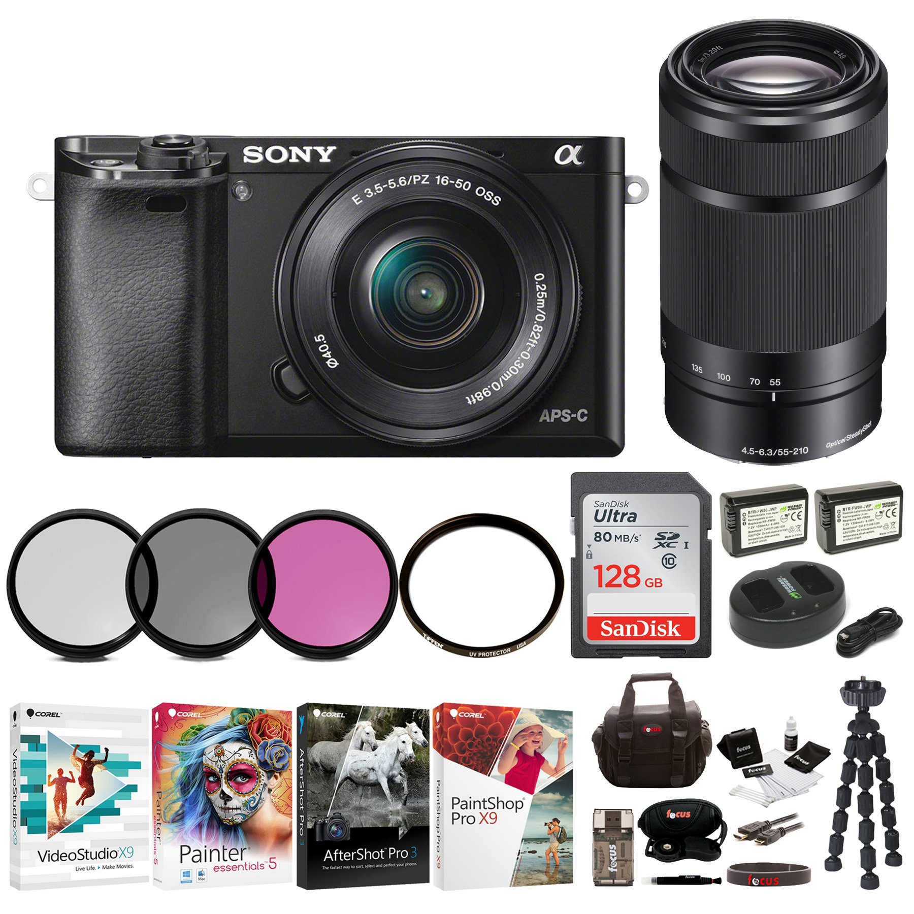 Sony Alpha a6000 Mirrorless Camera w/1650mm & 55210mm Lenses & 128GB