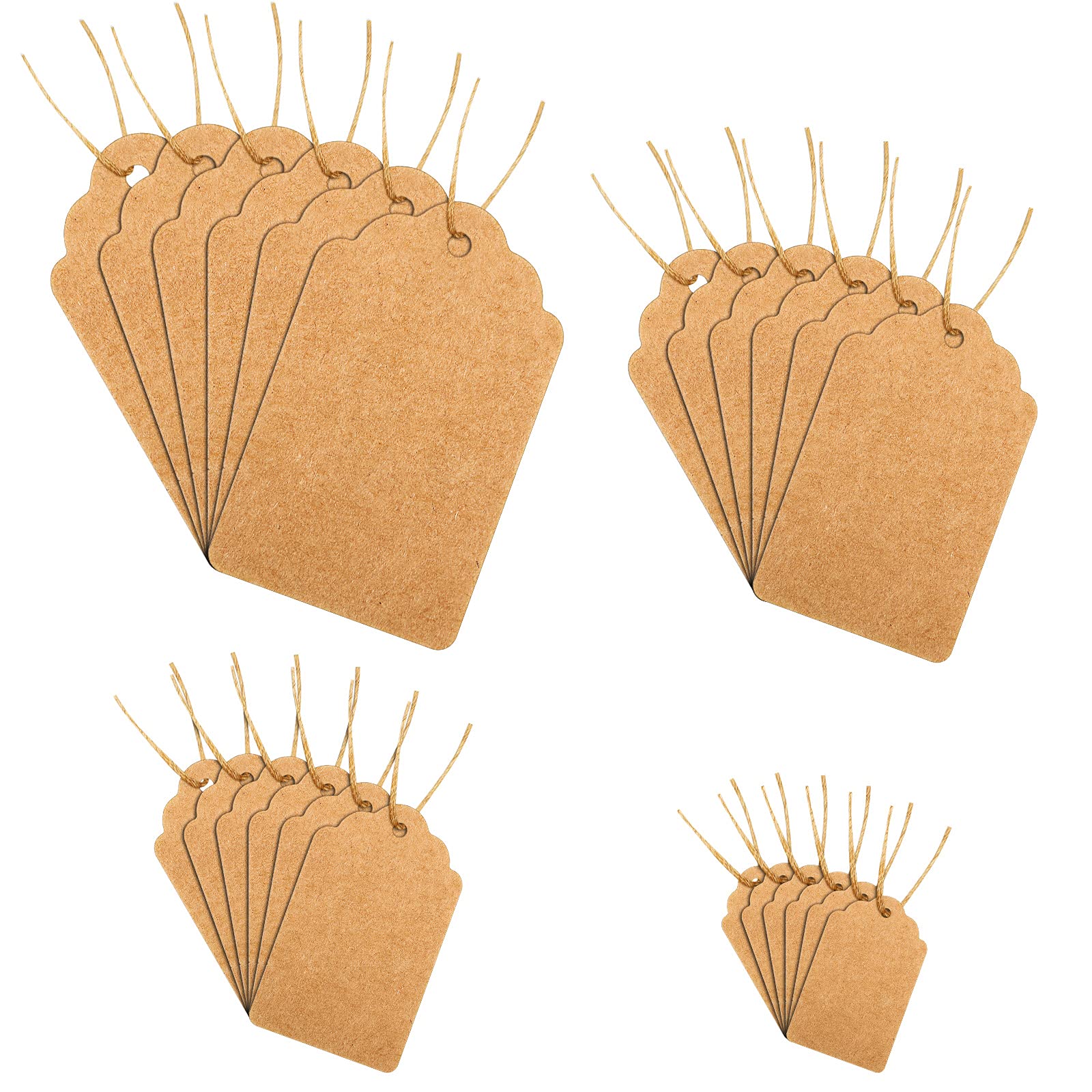 1300 Pieces Price Tags with String Marking Strung Tags Blank Paper Tags with Hanging String Writable Display Label for Product Jewelry Clothing Tags, Size Combination (Kraft Paper Color)
