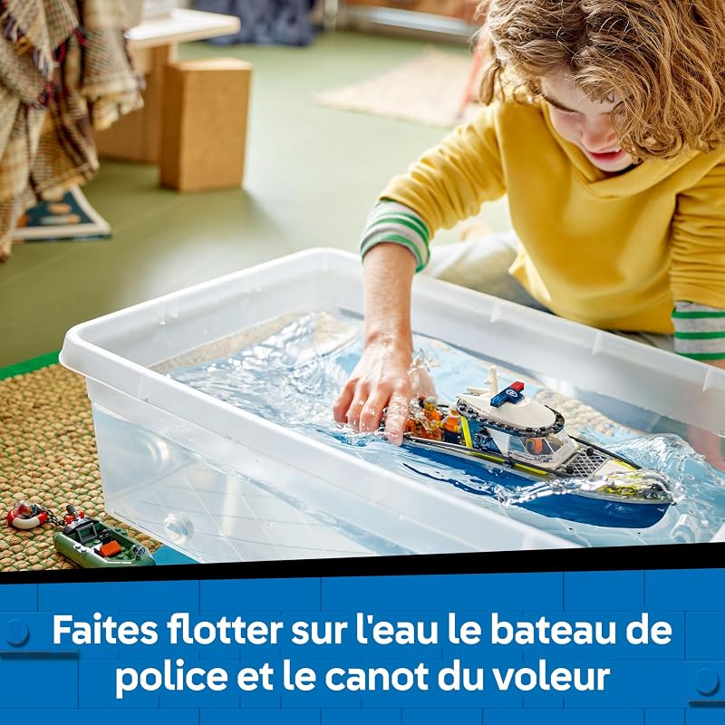 City Police Boat Chase Set - INCL. 2 Boat Toys, 3 Minifigures & a Shark Animal Figure - Gift for 6+ Year Old Boys & Girls - 60456