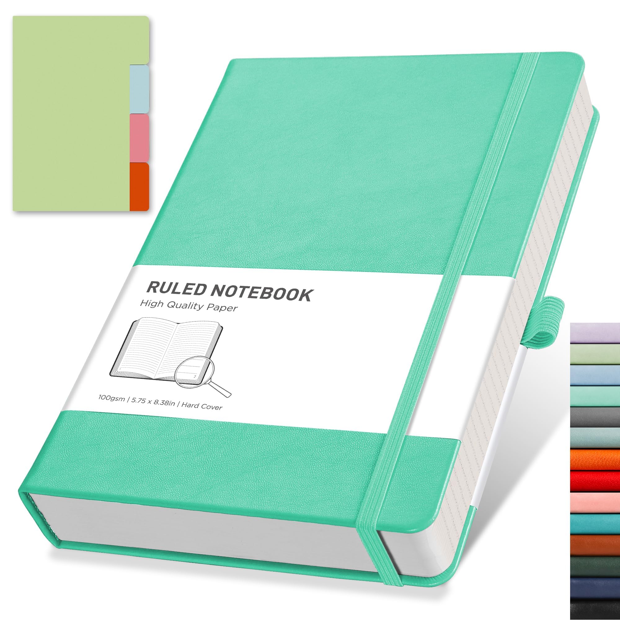RETTACY Lined Journal Notebook - A5 Note Book Hardcover Notepad 192 Numbered Pages for Writing,100gsm Lined Paper, Leather Hardcover, for Women Men Work Office School,14.5 x 21cm - Mint Green — image 1