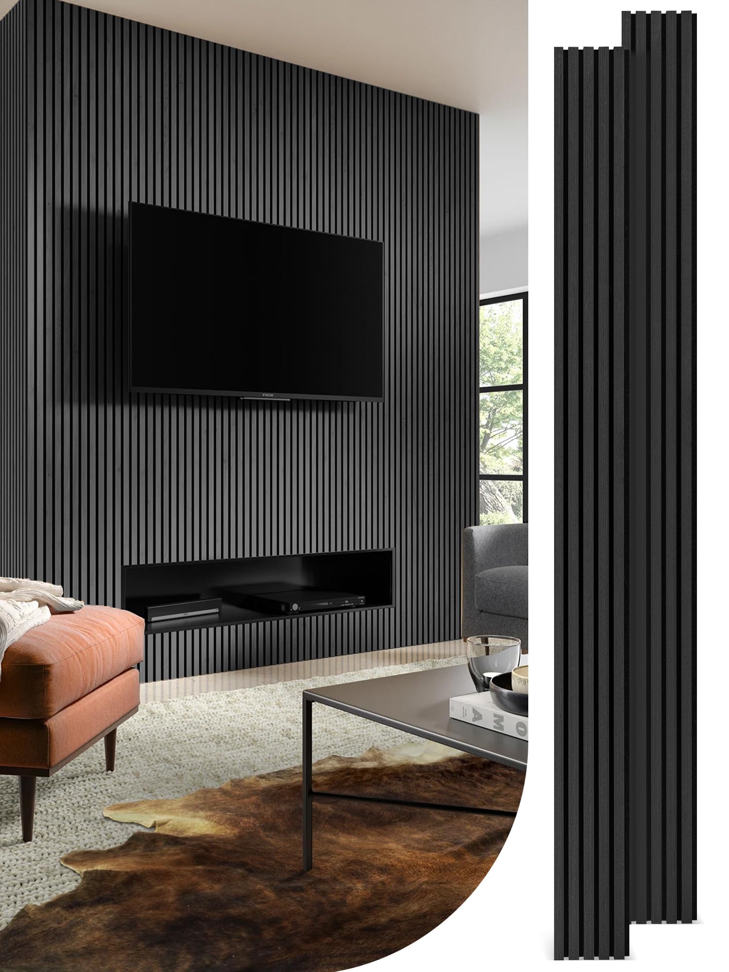 Photo 1 of Mollywell Wood Slat Wall Panels - Time-Saving Installation Soundproof Slat Panels on Any Wall Surface, 0.95 NRC Dual-Layer Acoustic Design, Commercial-Grade MDF Core (2 Pack, 108x8in, Black Oak)