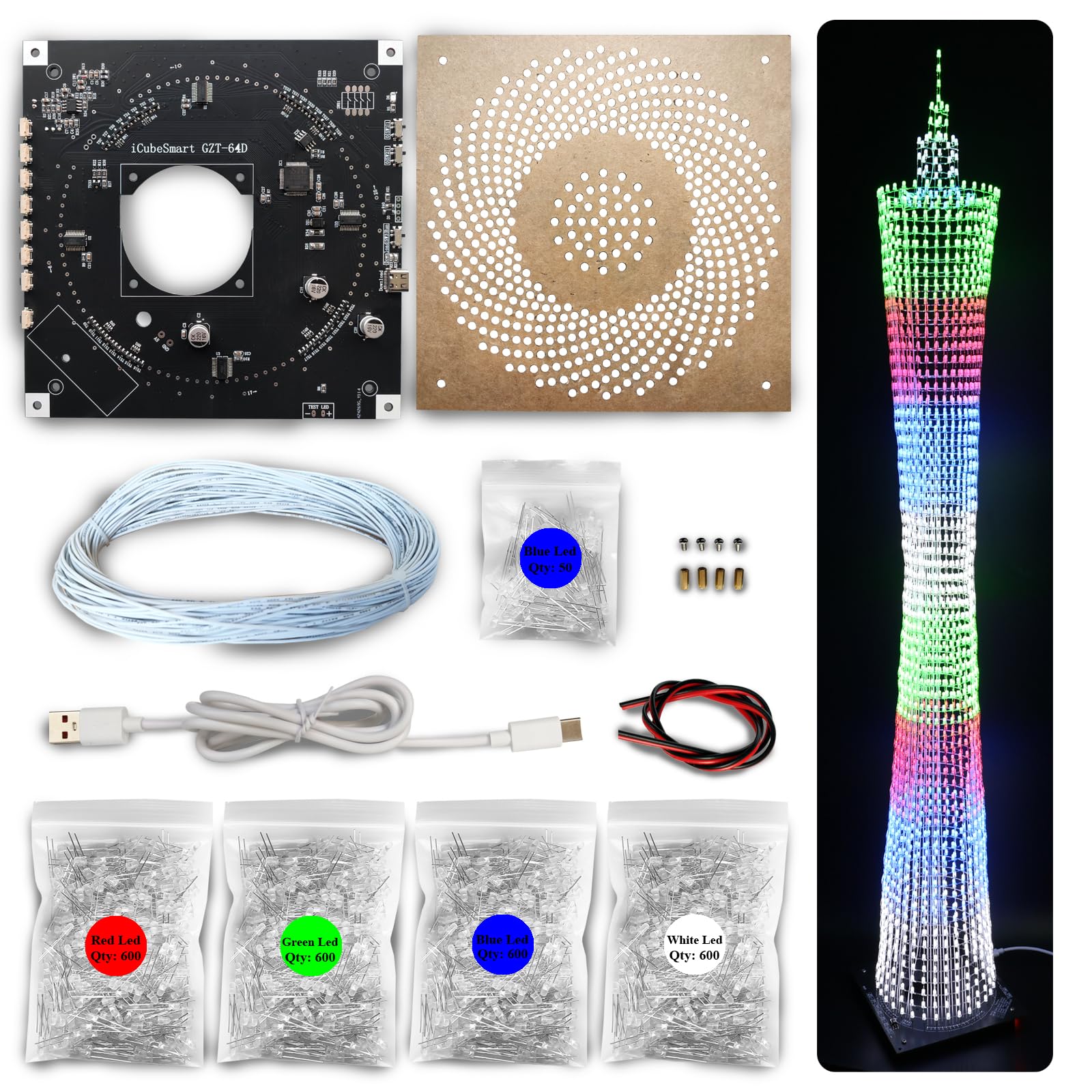 iCubeSmart DIY Electronic LED Canton Tower Model Kit, Hand Soldering Project Kit, 64 LED Circles, Height 1 Meter (GZT-64)