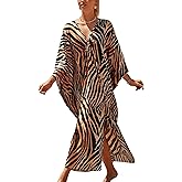 IMAGEKOPE Women's Plus Size Animal Print V-Neck Batwing Kaftan Beach Dress Bathing Suit Cover-Up Loungewear