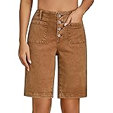 luvamia Bermuda Shorts for Women Jean High Waisted Trendy Patch Pockets Casual Summer Button Fly Stretchy Denim Shorts