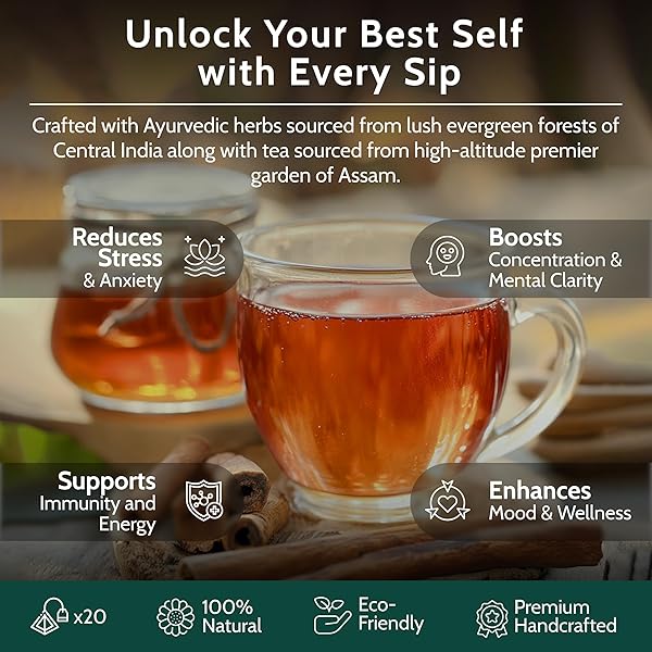 BLOOMS & LEOPARD PREMIUM BLACK TEA BAGS | STRIPES OF ENERGY HERBAL BLEND WITH ASHWAGANDHA, MORINGA, CINNAMON & SPEARMINT | NATURAL ENERGY, STRESS RELIEF & IMMUNE SUPPORT | 20 ORGANIC TEA BAGS