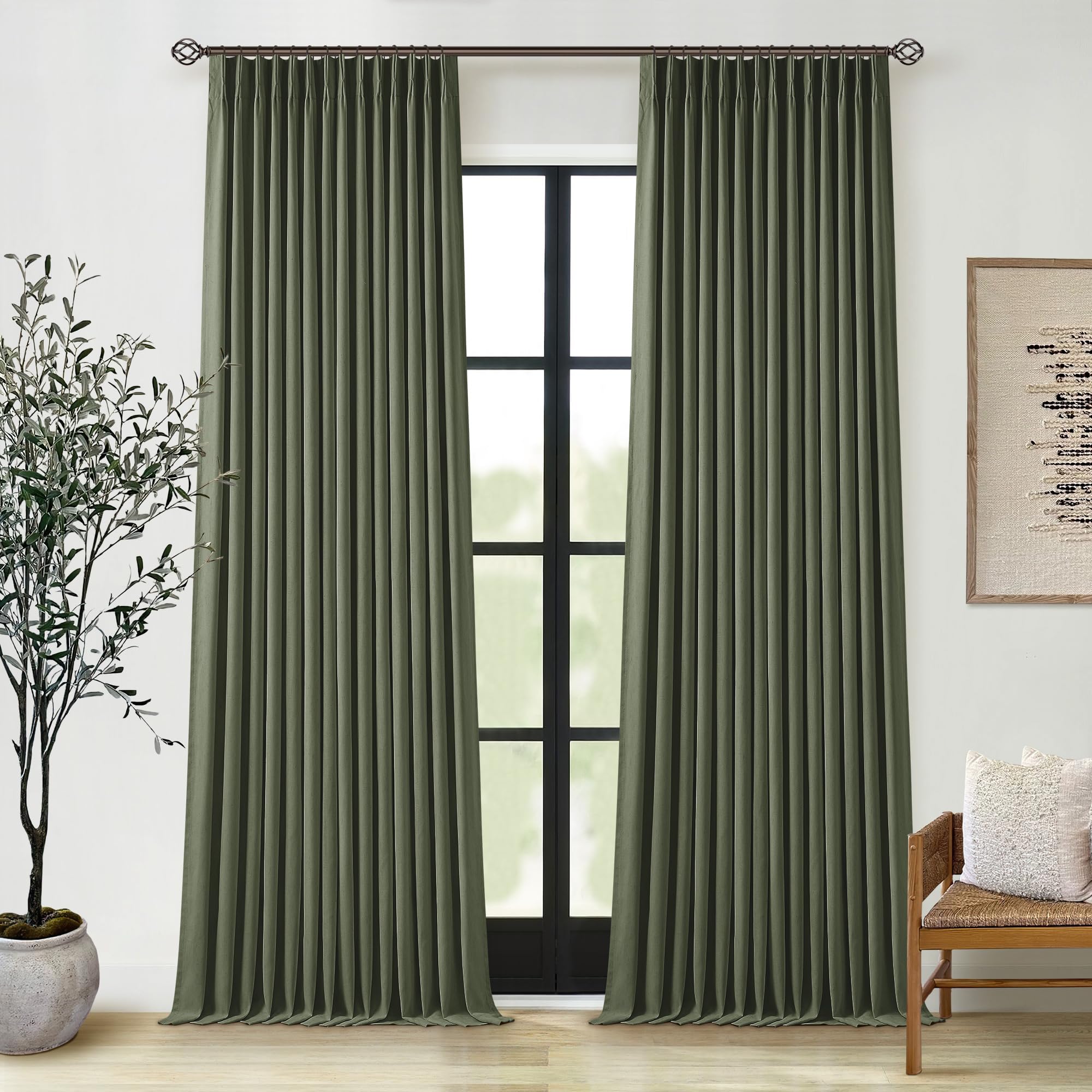 Photo 1 of Olive Green Pleated Linen Blackout Curtains 102 Inches Long for Bedroom Living Room Pinch Pleat Black Out Thermal Insulated Ring Hooks Room Darkening Drapes Dark Green Curtains with Liner 40x102