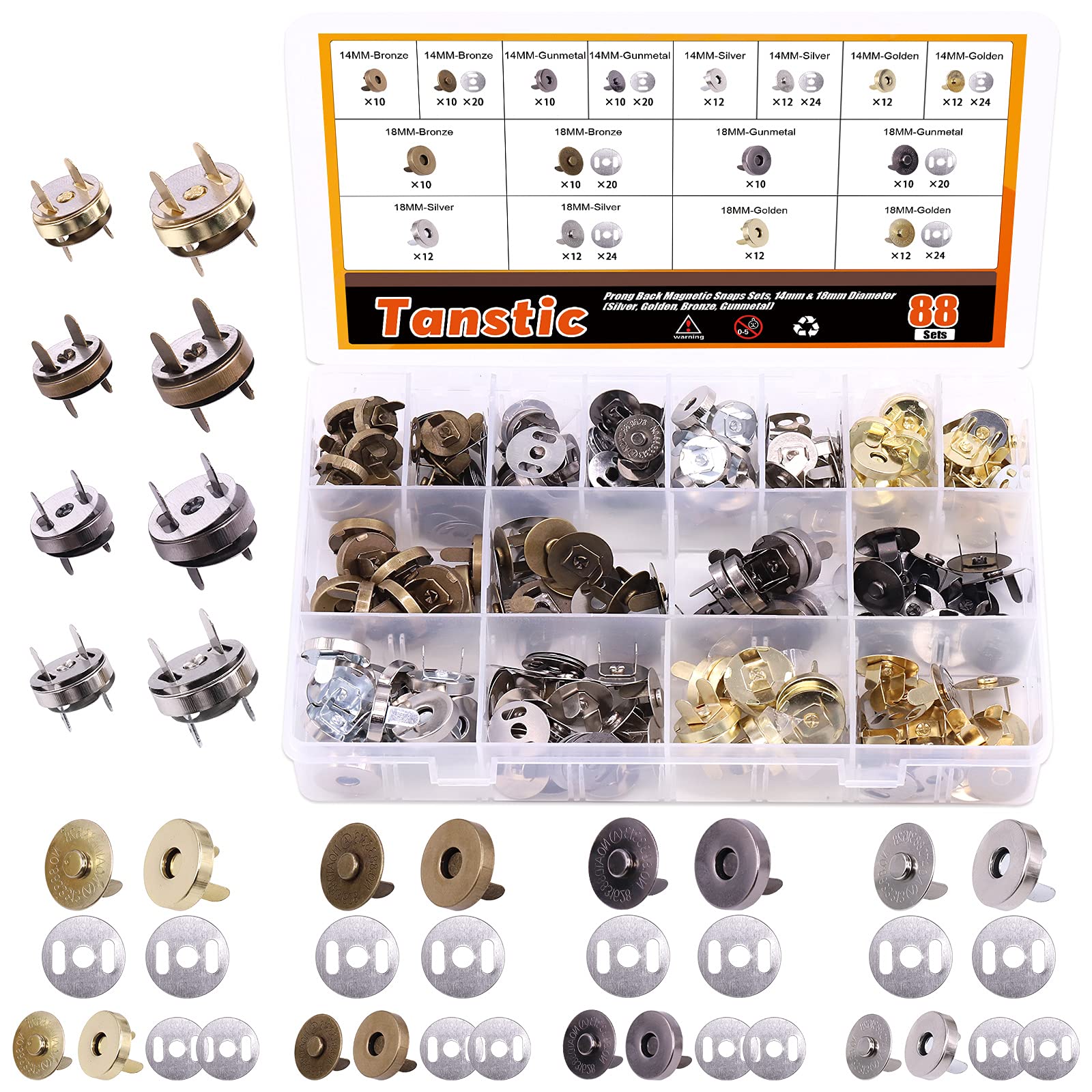 Tanstic 88 Sets 14mm &18MM 4 Color Magnetic Button Clasps Snaps Fastener Clasps Button Knitting Buttons Sets for Sewing, Craft, Purses, Bags, Clothes, Leather