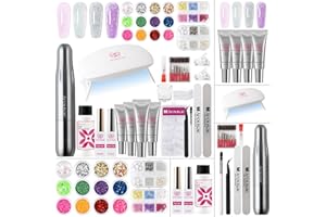Arousar Poly Nail Gel Kit, 15ml*4pcs Nail Extension Gel, Soft Pink Glitter Builder Nail Gel with Top and Base Coat, Slip Solution, Nail Lamp&Drill DIY Salon at Home for Beginner and Professional