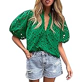 Chapsor Women's Casual Summer Blouse Tops Hollow Out Eyelet Embroidery V Neck Buttons Puff Short Sleeve Dressy Boho Shirt