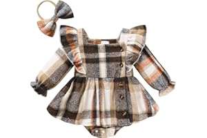 TITKKOP Newborn Baby Girl Fall Winter Clothes Plaid Long Sleeve Romper Buttons Outfit Ruffles Dress with Bow Headband