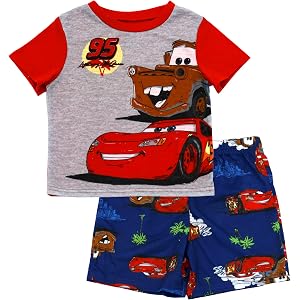 Disney Cars Pajamas for Toddler Boys, 2 Piece Lightning McQueen Pajamas for Toddler Boys, Lightning McQueen & Mater Short Set