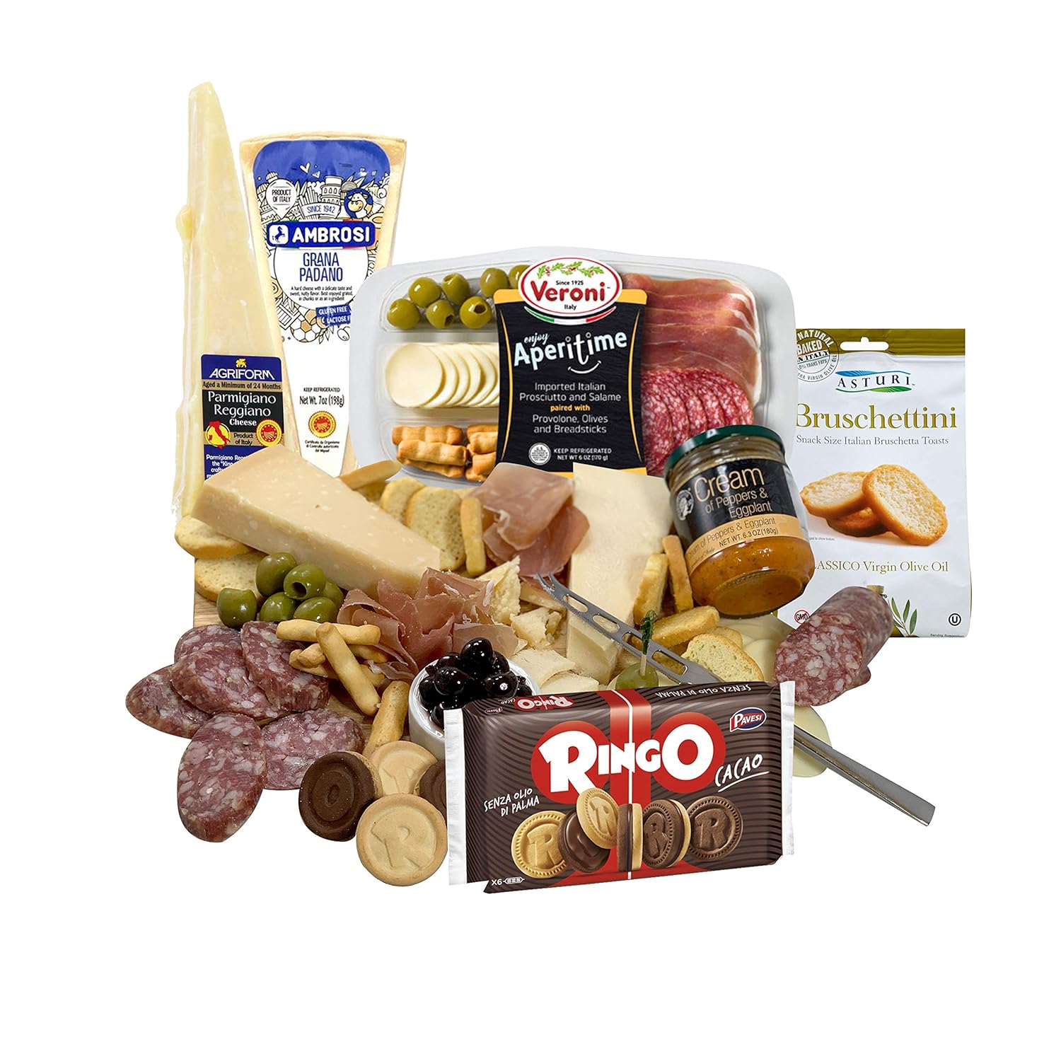 GiftWorld Italian Meat & Cheese Gift Basket – Delicious Cheese Sampler Imported from Italy – Prosciutto, Provolone, Parmigiano Reggiano, Grana Padano, Olives, Bruschettini – Cheese Knife – Father’s Day Gift Over 2 Lbs.