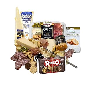 GiftWorld Italian Meat & Cheese Gift Basket – Delicious Cheese Sampler Imported from Italy – Prosciutto, Provolone, Parmigiano Reggiano, Grana Padano, Olives, Bruschettini – Cheese Knife – Father’s Day Gift Over 2 Lbs.