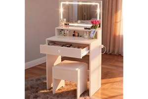 KAI-ROAD Small Vanity Desk with Mirror and Lights - Kids Makeup Vanitys Table Set Make up for Girls with Chair Power Outlet, Mini Compact Space Saving Cute Dressing Table for Bedroom