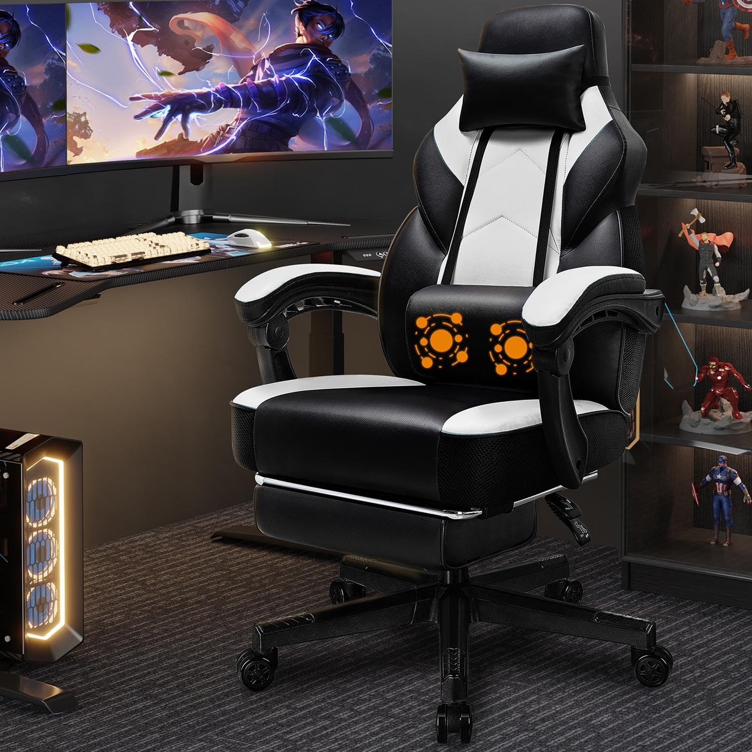 Photo 1 of **MISSING PARTS ** Shintenchi Gaming Chair,Video Game Chair with footrest and Massage Lumbar Support,Height Adjustable Game Chair with 360°Swivel Seat Ergonomic Computer Chair with Headrest for Office or Gaming(White)