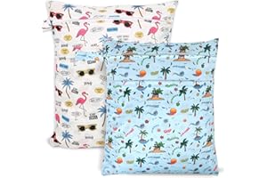 SANFERGE 2pcs Travel Waterproof Laundry Bag, Cloth Diaper Wet Dry Bags with Handle & 2 Zipper Pockets, Reusable Washable Dirty Clothes Bag for Baby Adult Travelling Hanging, Bathing Beach Pool Daycare Yoga Gym Sports Exercise Swimsuits, 19.7*15.7 inch, Vacation