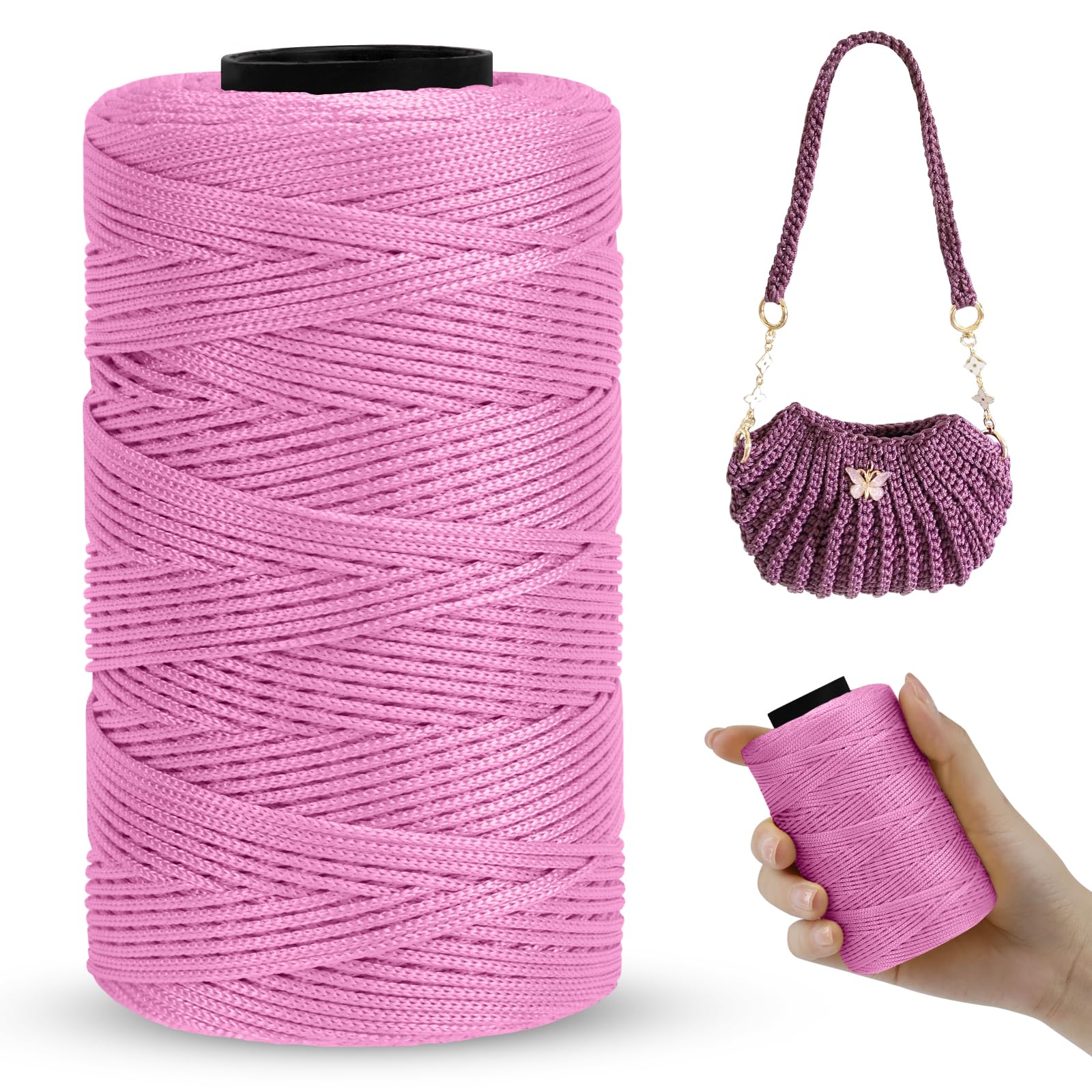 LEREATI Polyester Macrame Cord 1mm x 230m, Polyester Yarn for Crocheting, Braided Polypropylene Crochet Bag Cord Macrame Yarn for Handbag, Beading, DIY Crafts (Light Pink)