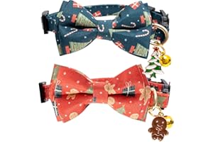 FAYGARSLE 2 Pack Cotton Christmas Cats Collar with Bow Tie Red Green Cat Collars for Girl Female Boy Male Cat Collar with Bell Gingerbread Man Christmas Trees Charms