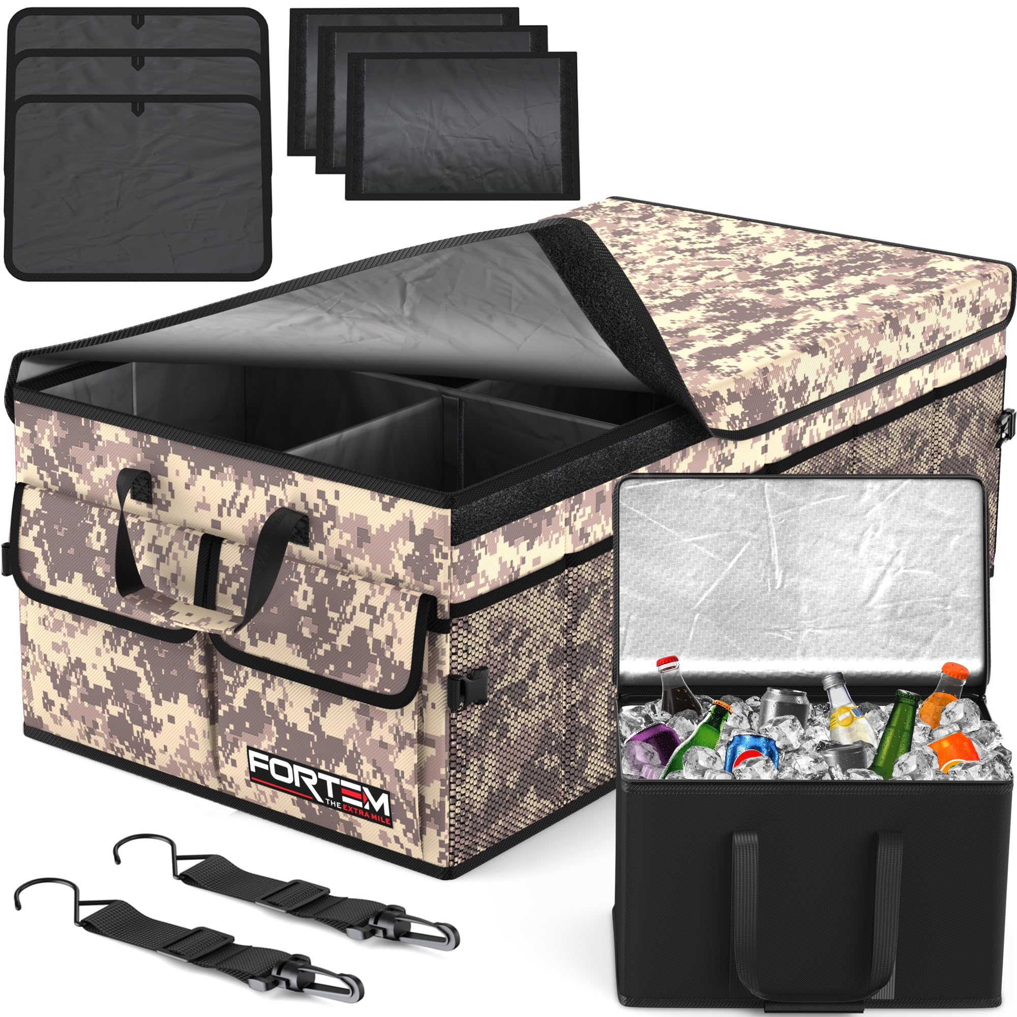 FORTEM Trunk Organizer with Cooler For SUV Car Trunk, Foldable Storage, Car Accessories for Women Men, Collapsible Bag, 600D Oxford, Non Slip Bottom, Straps, Soft Cover (105L)