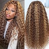 NOELLA 13x6 Honey Blonde Highlight Ombre Lace Front Wigs Human Hair 30 Inch Water Wave Curly Human Hair Wigs For Women Natural and Soft Wet and Wavy HD Lace Frontal Glueless Wigs 210% Density