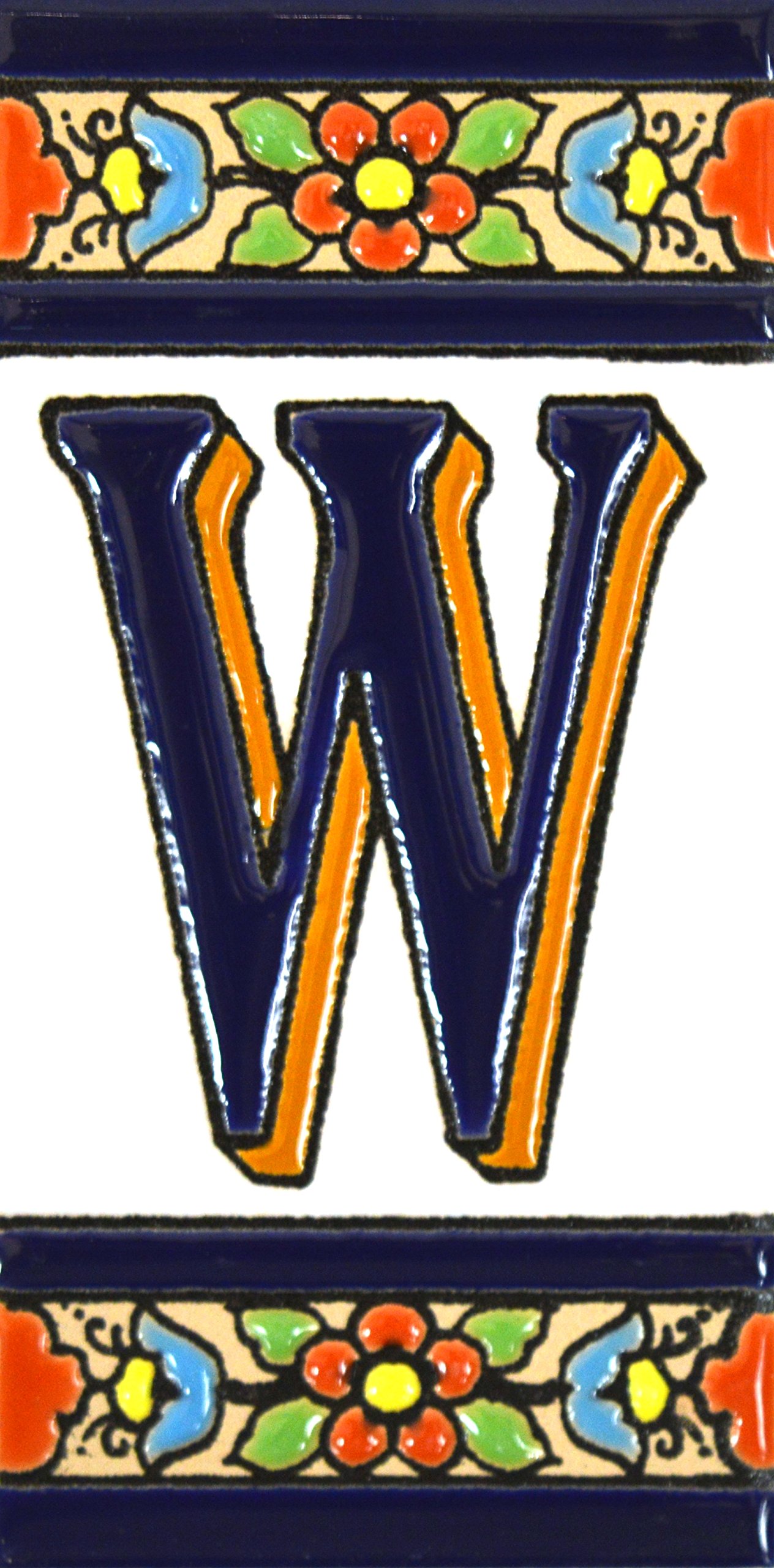 House letters 4 inch. Handpainted house letter tiles for signs, addresses and names. Address numbers for houses. House address numbers and letters. Design FLORES MEDIANO 4,29" x 2,13" (LETTER W) — image 1