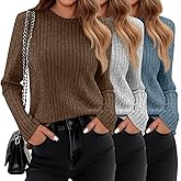 Huukeay 3 Pack Women's Long Sleeve Sweaters, Lightweight Crew Neck Shirts Regular Fit Tunic Tops Casual Solid Color Pullover