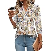 IECCP 3/4 Length Sleeve Womens Tops Dressy Casual Henley V-Neck Summer Tops Pleated T-Shirts Loose Fit Work Blouses
