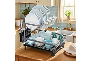 MOUKABAL Dish Drying Rack, Stainless Steel 2-Tier Dish Racks for Kitchen Counter, Large Capacity Dish Rack with Removable Ute