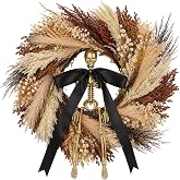 18'' Skeleton Halloween Wreath for Front Door with Faux Wheat Grass | Boho Gold Skull Skeleton Wreath Decor Rustic Boho & Scary Fall Halloween Decoration for Porch Home Door Wall Indoor Outdoor