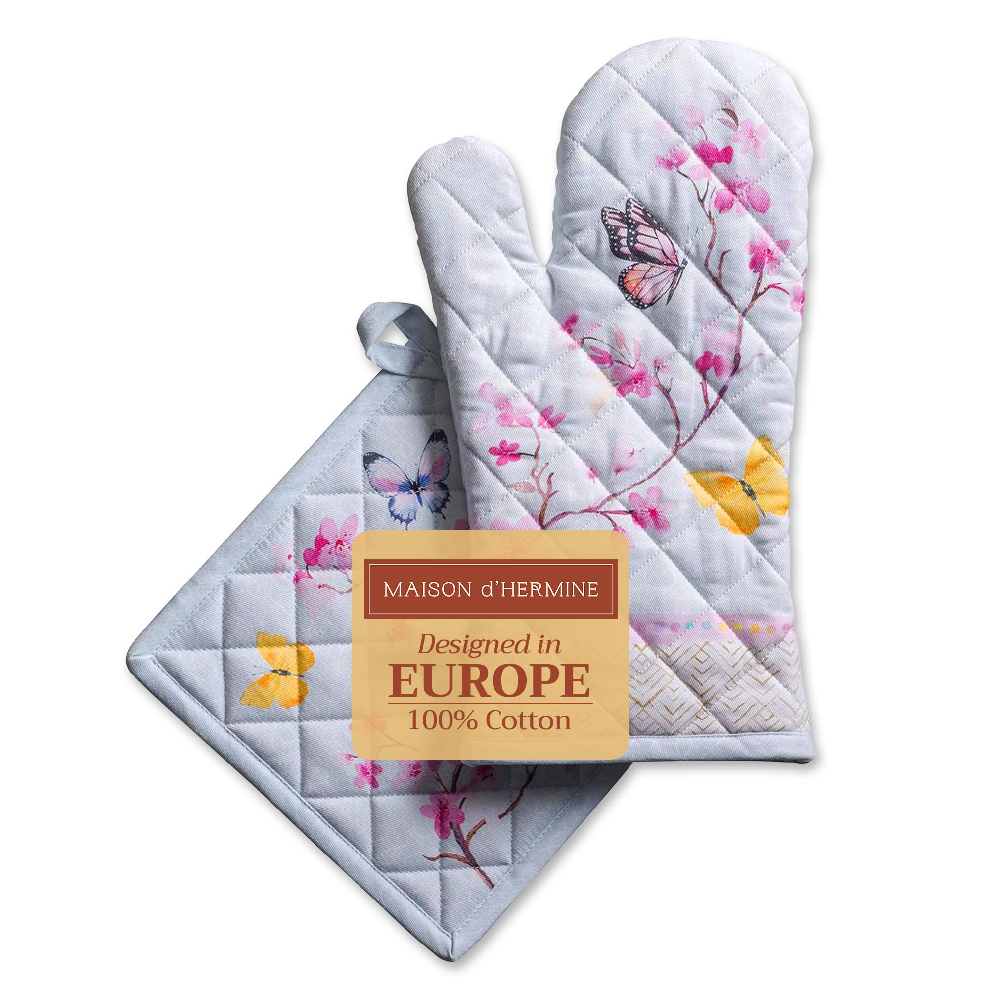 Maison d' Hermine Blossoms in Spring 100% Cotton (19 cm x 33 cm) and Pot Holder (20 cm x 20 cm) for Barbecue, Baking, Microwave, Spring/Summer, Mother's Day