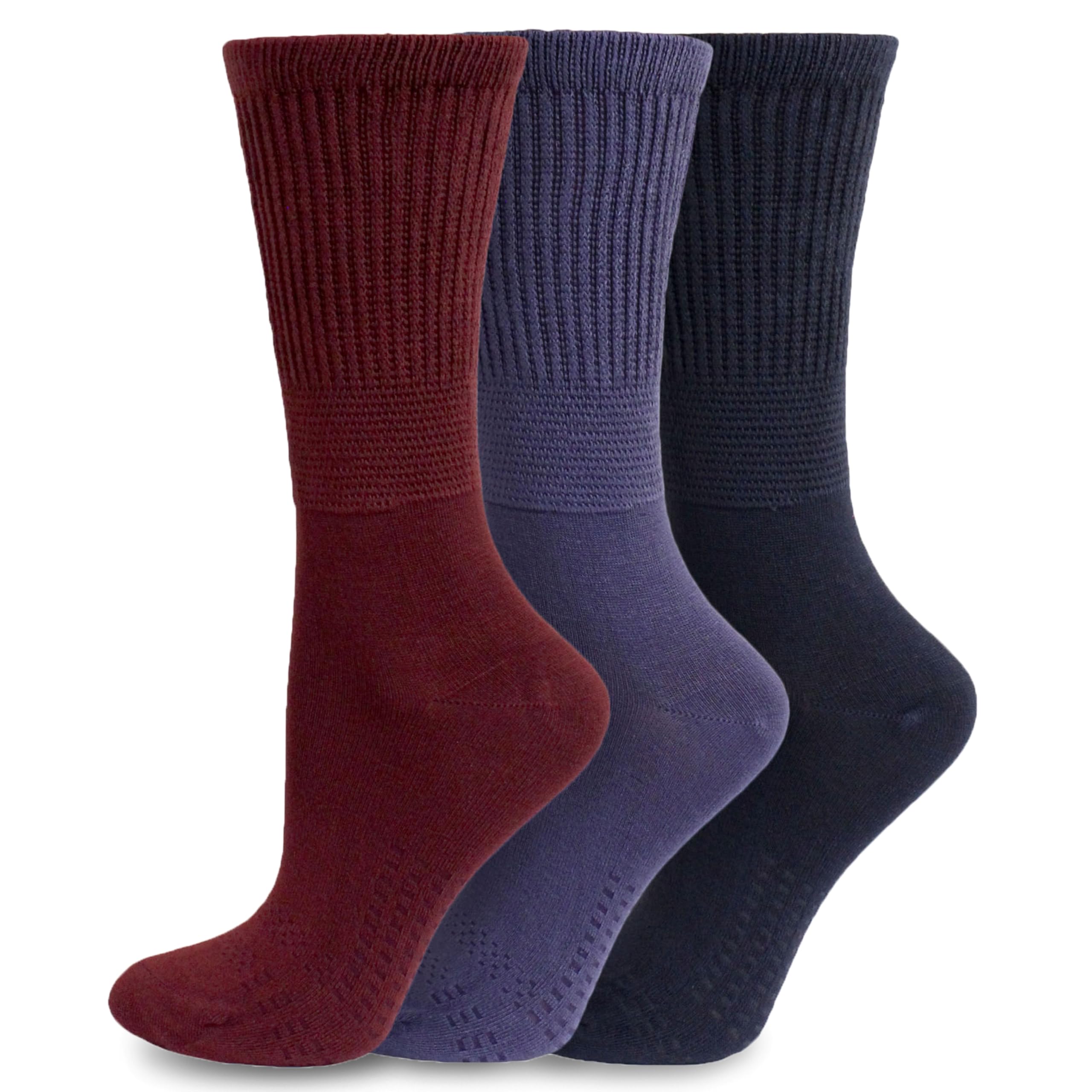 Ladies Non Elastic Diabetic Socks 4-8 Hand Linked Toe Seam 80% Bamboo Soft Extra Wide Top Grip (Assorted, 3)