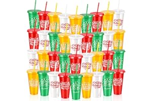 Yoiemivy 36 Pack Christmas Plastic Cups Bulk 24 oz Reusable Christmas Tumblers with Lids and Straws Holiday Party Drinking Cu