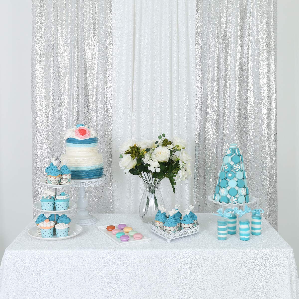 Zdada Silver Sequin Backdrop Curtain - 2 Panels 2.5FTx8FT Silver Curtains Glitter Party Wedding Baby Shower Curtain Photography Background Sparkly Photo Backdrop