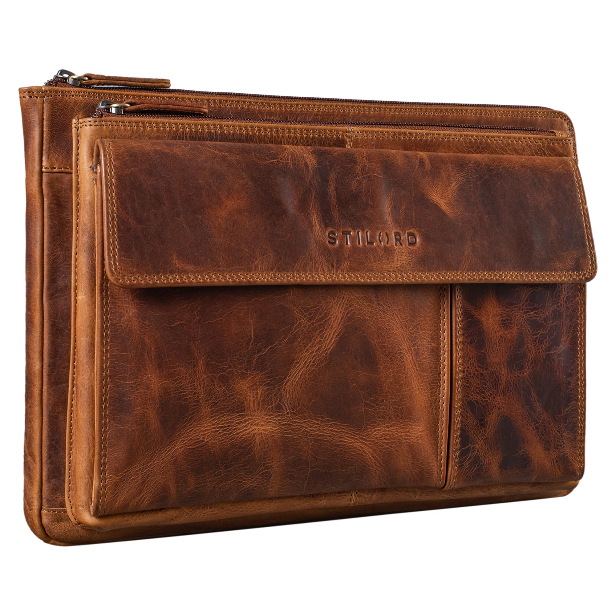 STILORD "Dalton" Leather Conference Folder Zipped Vintage Business Document Holder A4 Laptop Case for 13,3 Inch MacBooks Portfolio Genuine Leather Colour:Kara - Cognac