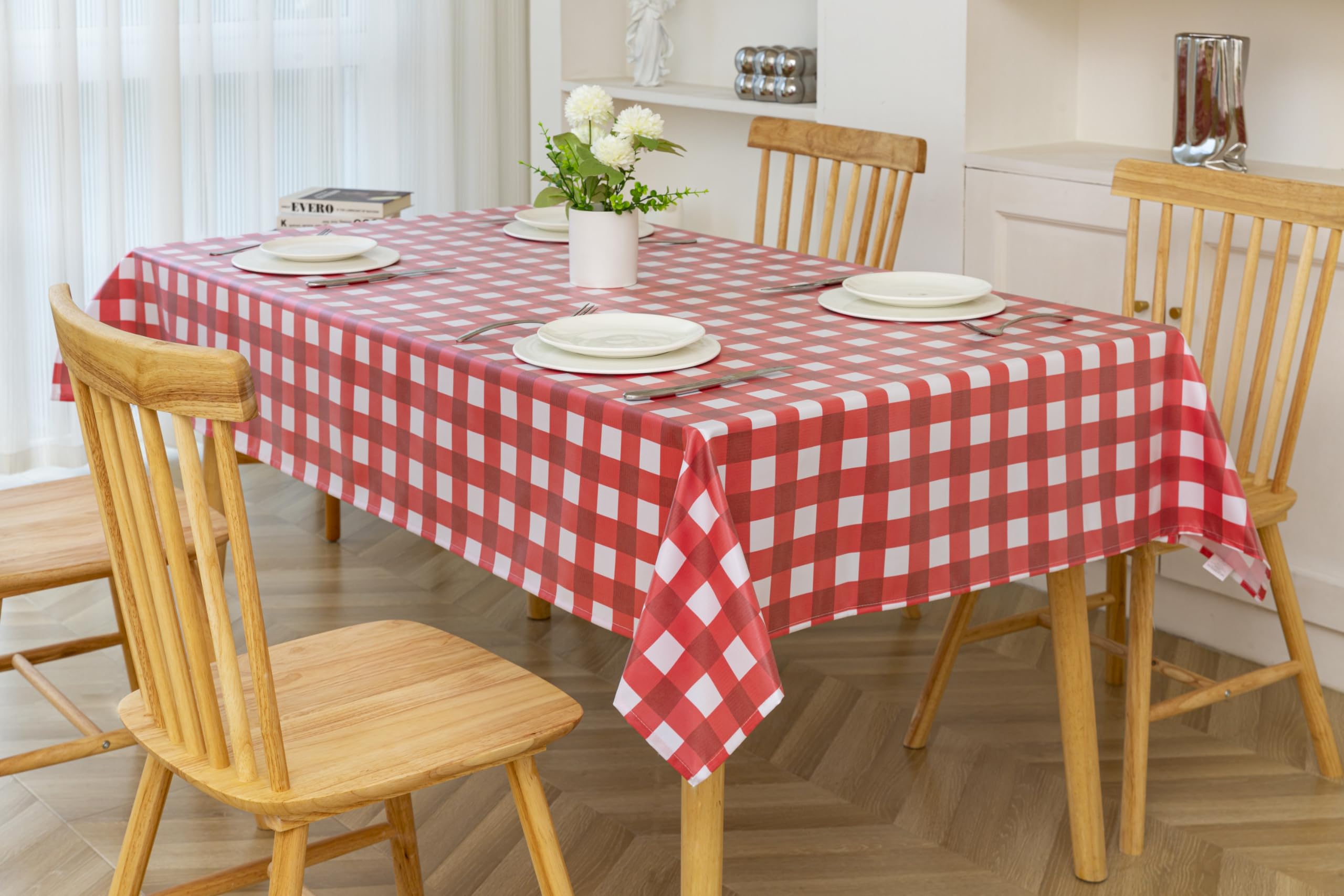 CUSHY HOME Rectangle Waterproof Vinyl Tablecloth, Buffalo Flannel PU Coated, Wipeable Plastic Table Cover for Dining Table, Kitchen & Outdoor, (52" x 70")-132x178 cm Red & White