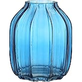 Blue Glass Vase for Flowers Bud Tall Glass Vases,H-8.0" Simple Striped Design for Home Floor Decor,Farmhouse Decor, Centerpiece Coffee Table Decorations (Blue 8.0IN)